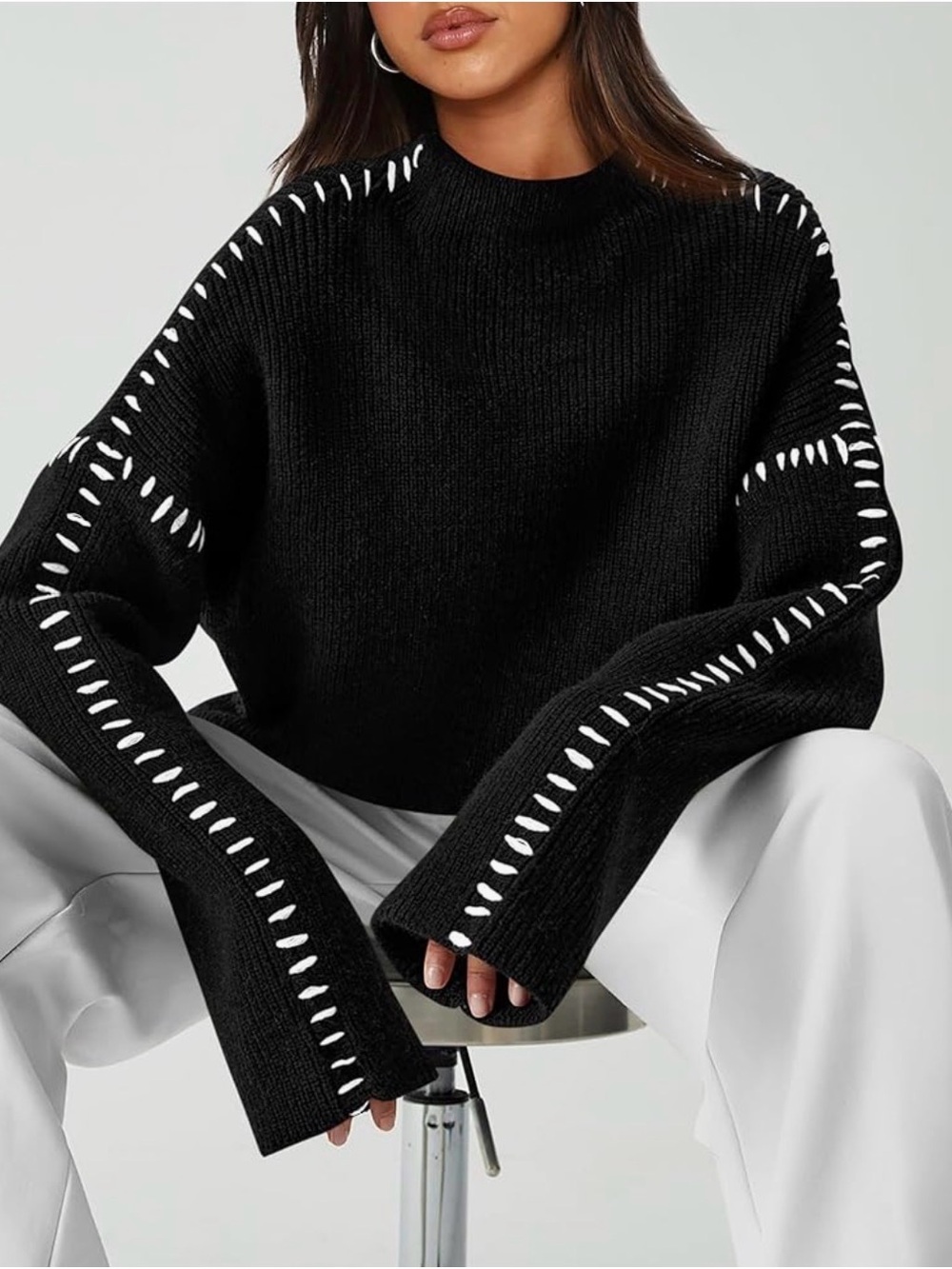 Black Mock Neck Sweater with Contrast Stitch Detailing - Picture 2 of 4